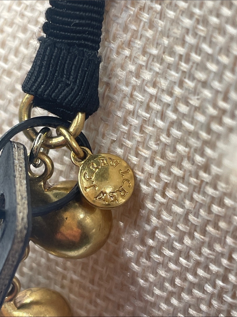 J. Crew Brass Gold Plated Necklace With Crystals and Black Ribbon Tie. Signed - Picture 6 of 7
